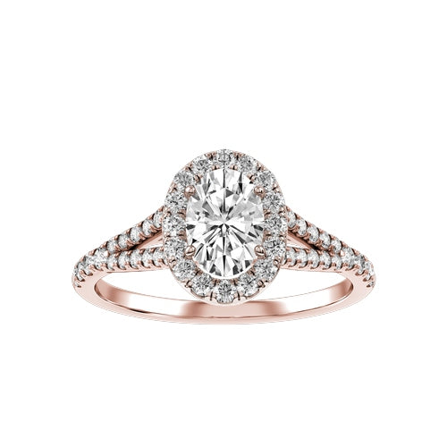 Elegant oval diamond engagement ring with rose gold halo and pave band